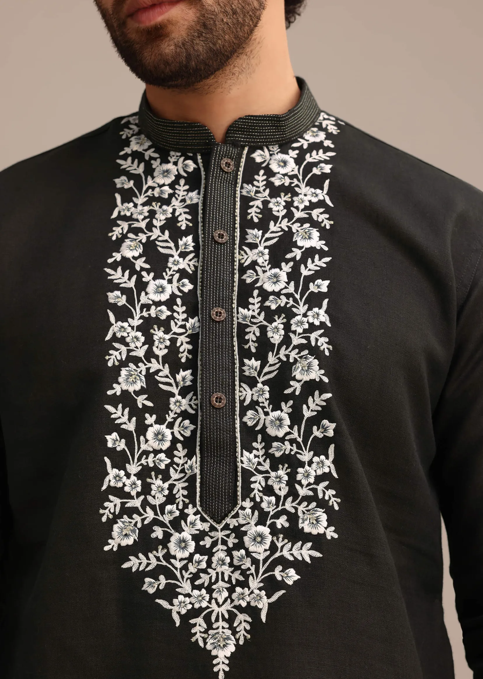 Black Linen Floral Resham Work Kurta Set