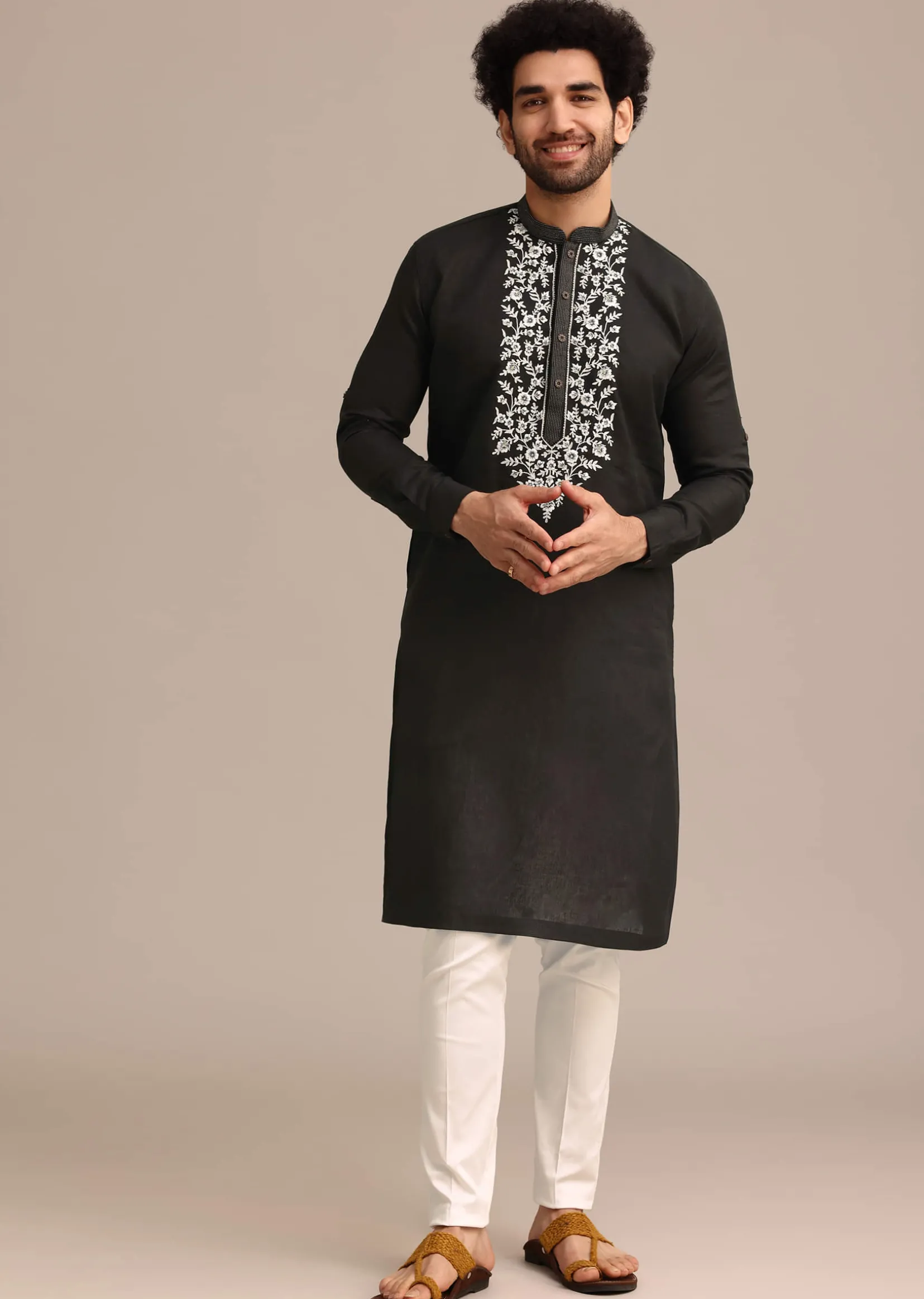 Black Linen Floral Resham Work Kurta Set