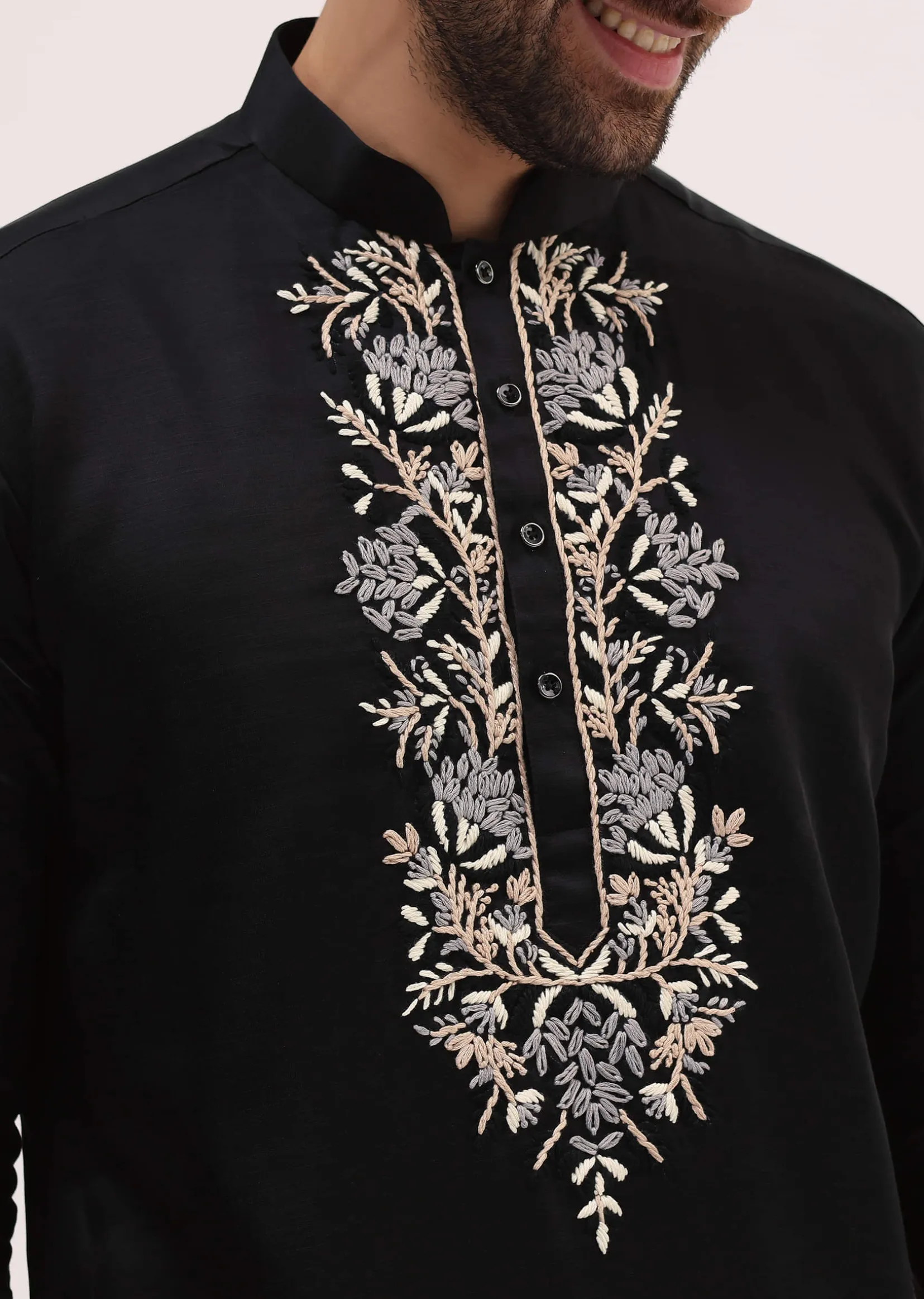 Black Linen Kurta Set With Resham Work For Men