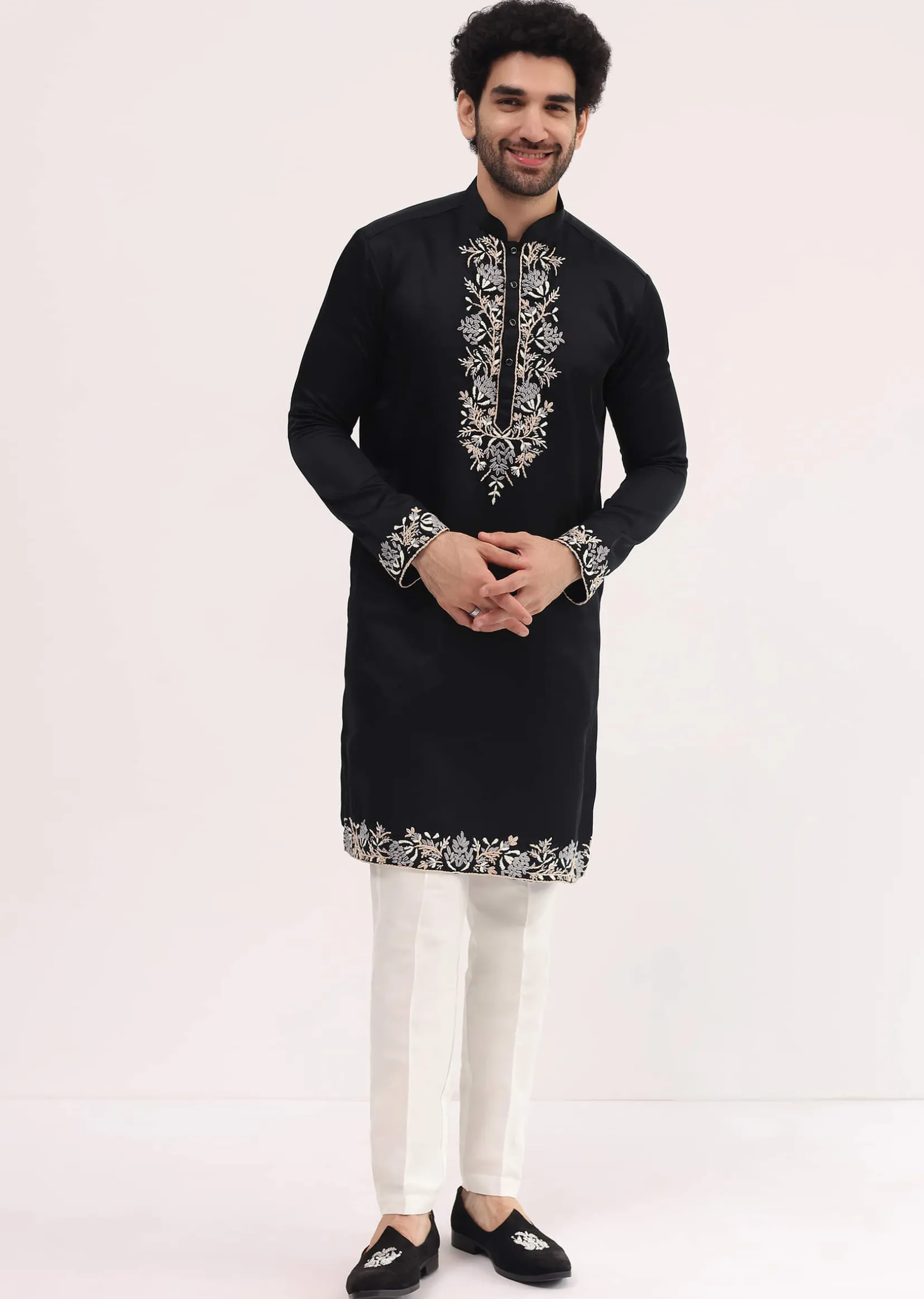 Black Linen Kurta Set With Resham Work For Men