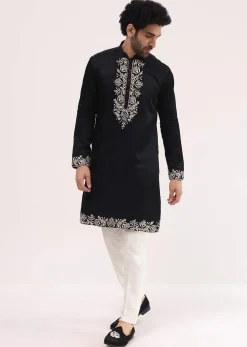 Black Linen Kurta Set With Resham Work For Men