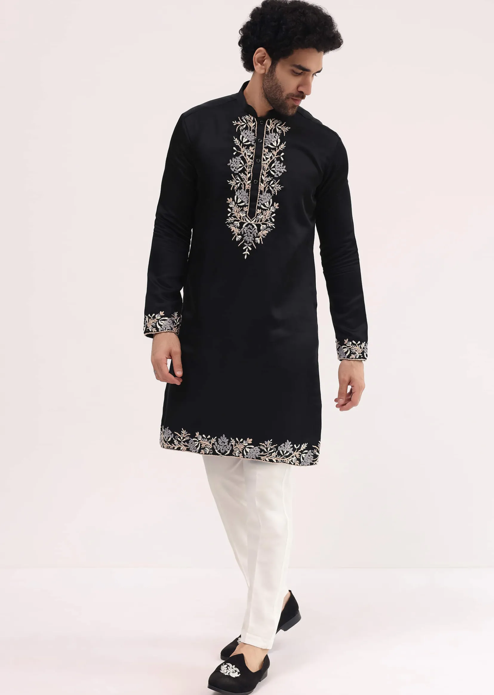 Black Linen Kurta Set With Resham Work For Men
