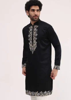 Black Linen Kurta Set With Resham Work For Men