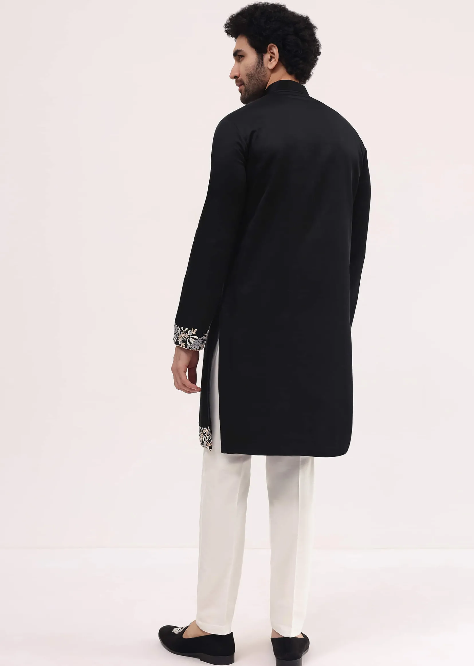 Black Linen Kurta Set With Resham Work For Men