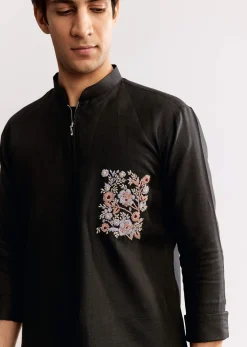 Black Linen Kurta Set With Embroidery