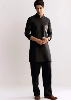 Black Linen Kurta Set With Embroidery
