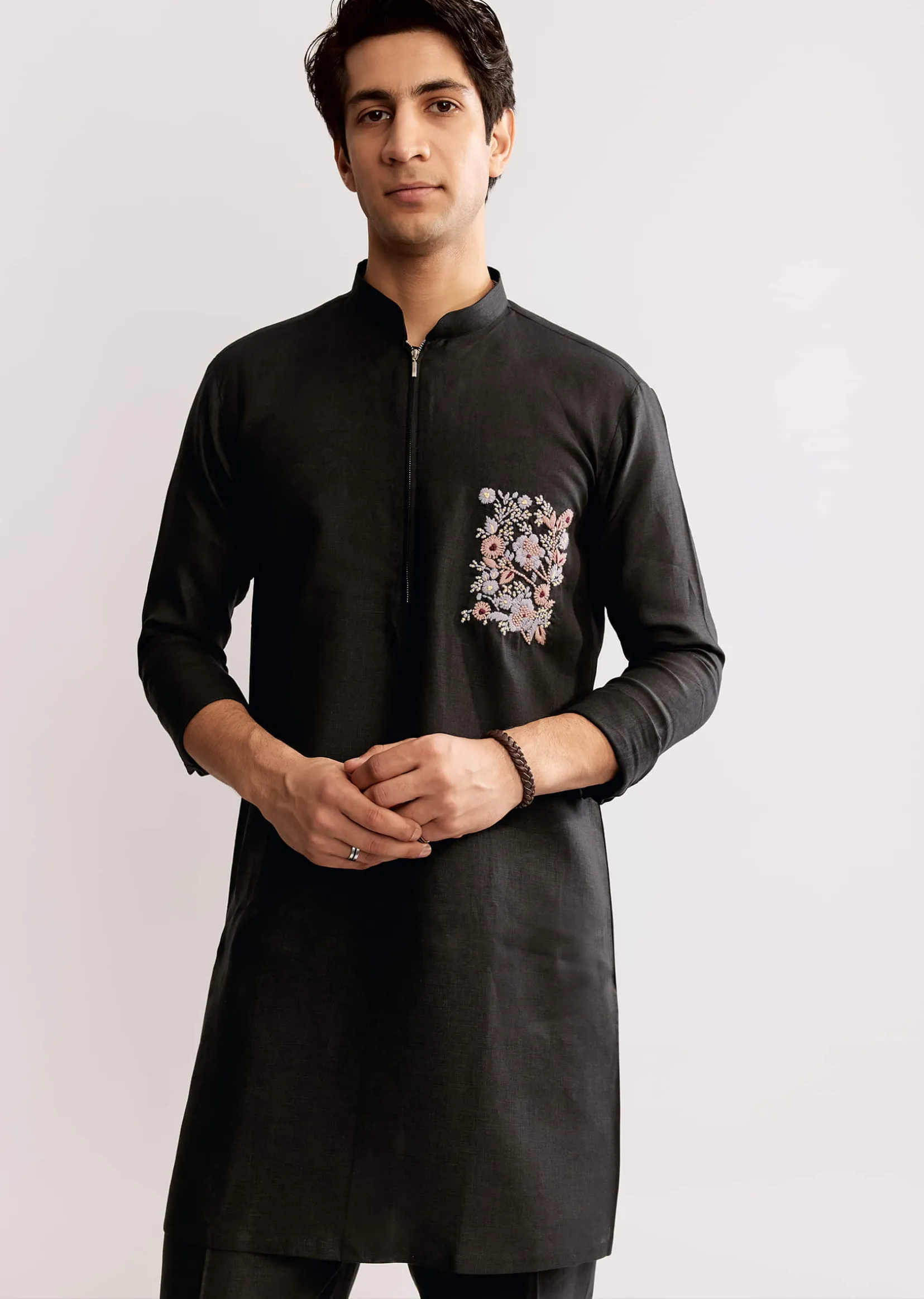 Black Linen Kurta Set With Embroidery