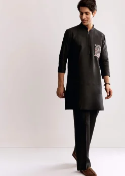 Black Linen Kurta Set With Embroidery
