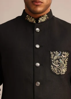 Black Linen Zardosi Embroidered Jacket Kurta Set
