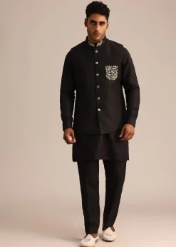 Black Linen Zardosi Embroidered Jacket Kurta Set