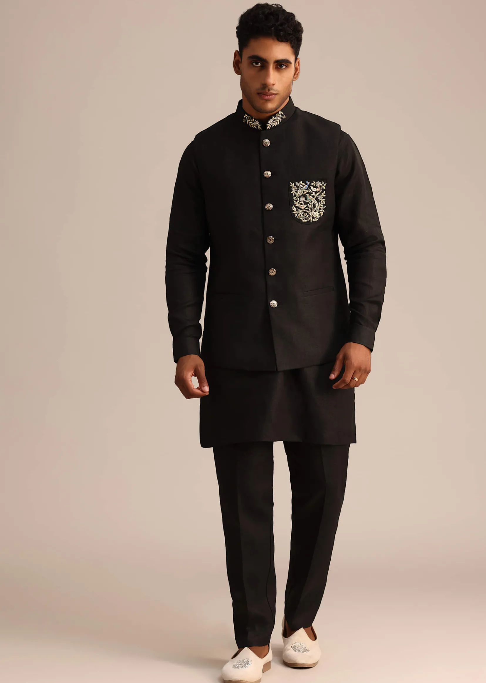 Black Linen Zardosi Embroidered Jacket Kurta Set