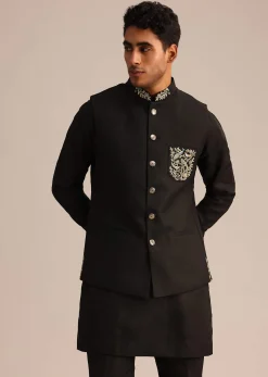 Black Linen Zardosi Embroidered Jacket Kurta Set