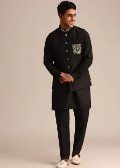 Black Linen Zardosi Embroidered Jacket Kurta Set