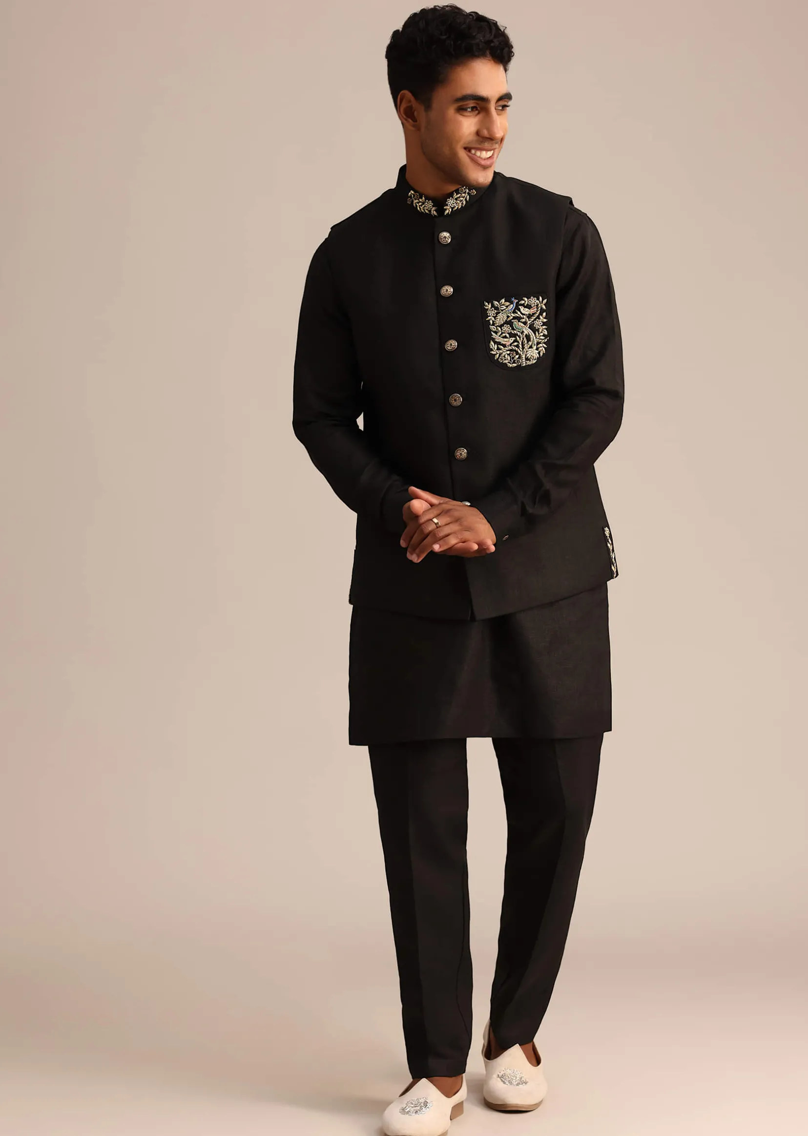 Black Linen Zardosi Embroidered Jacket Kurta Set