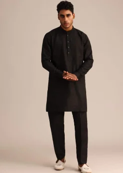 Black Linen Zardosi Embroidered Jacket Kurta Set