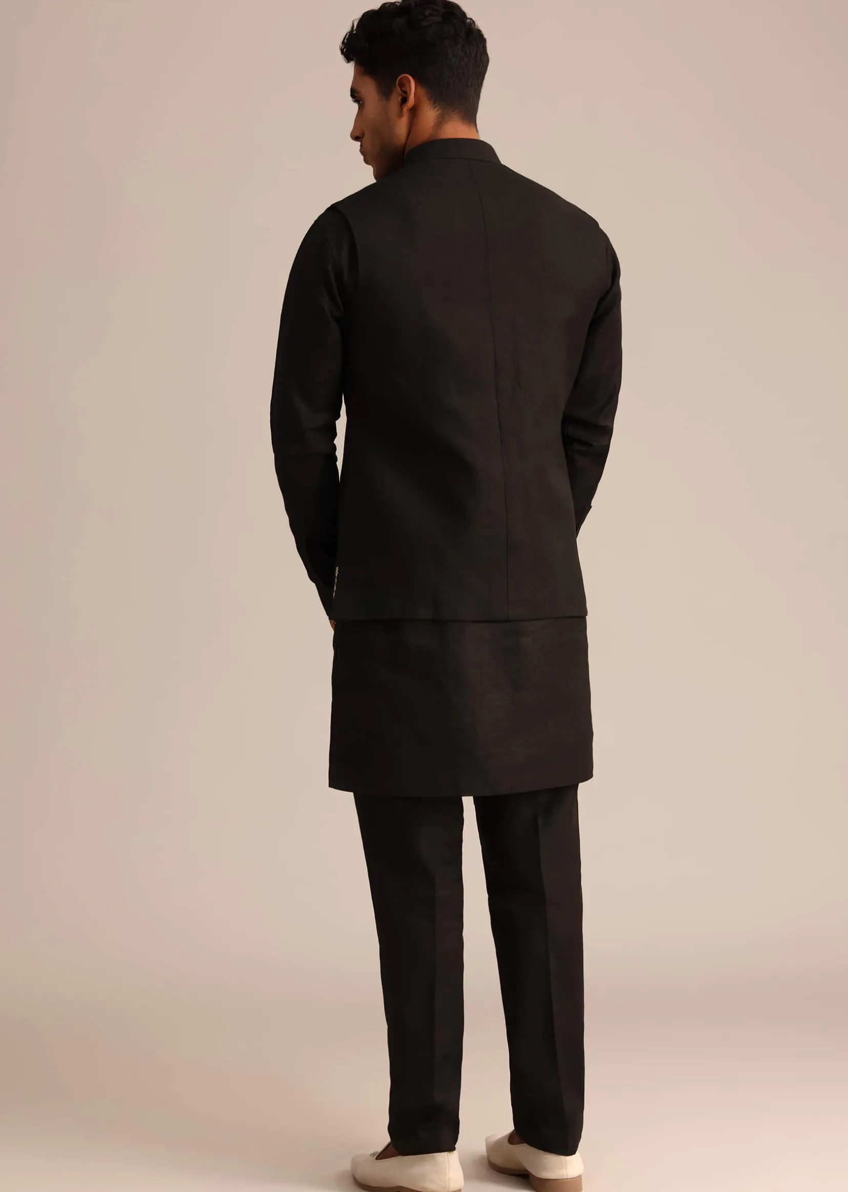 Black Linen Zardosi Embroidered Jacket Kurta Set