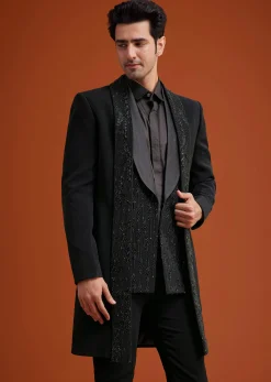 Black Long Open Jacket Set With Tonal Beaded Embroidery