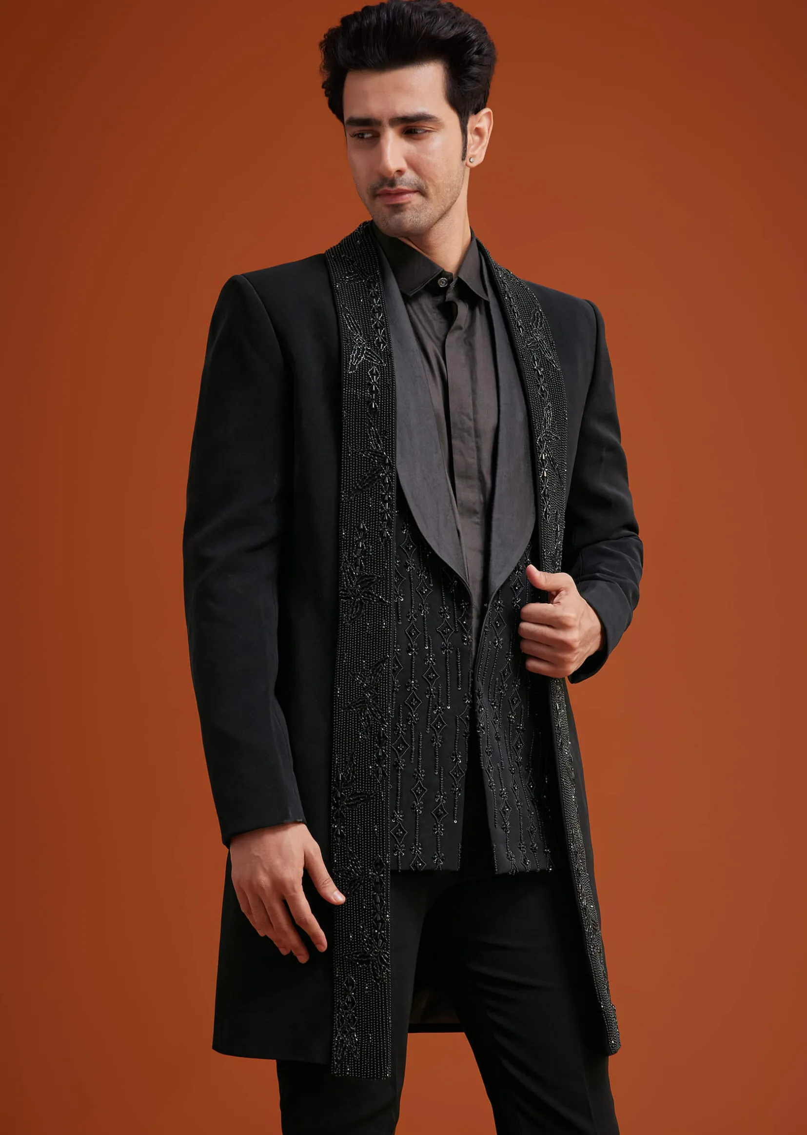 Black Long Open Jacket Set With Tonal Beaded Embroidery