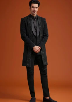 Black Long Open Jacket Set With Tonal Beaded Embroidery