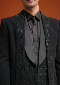 Black Long Open Jacket Set With Tonal Beaded Embroidery