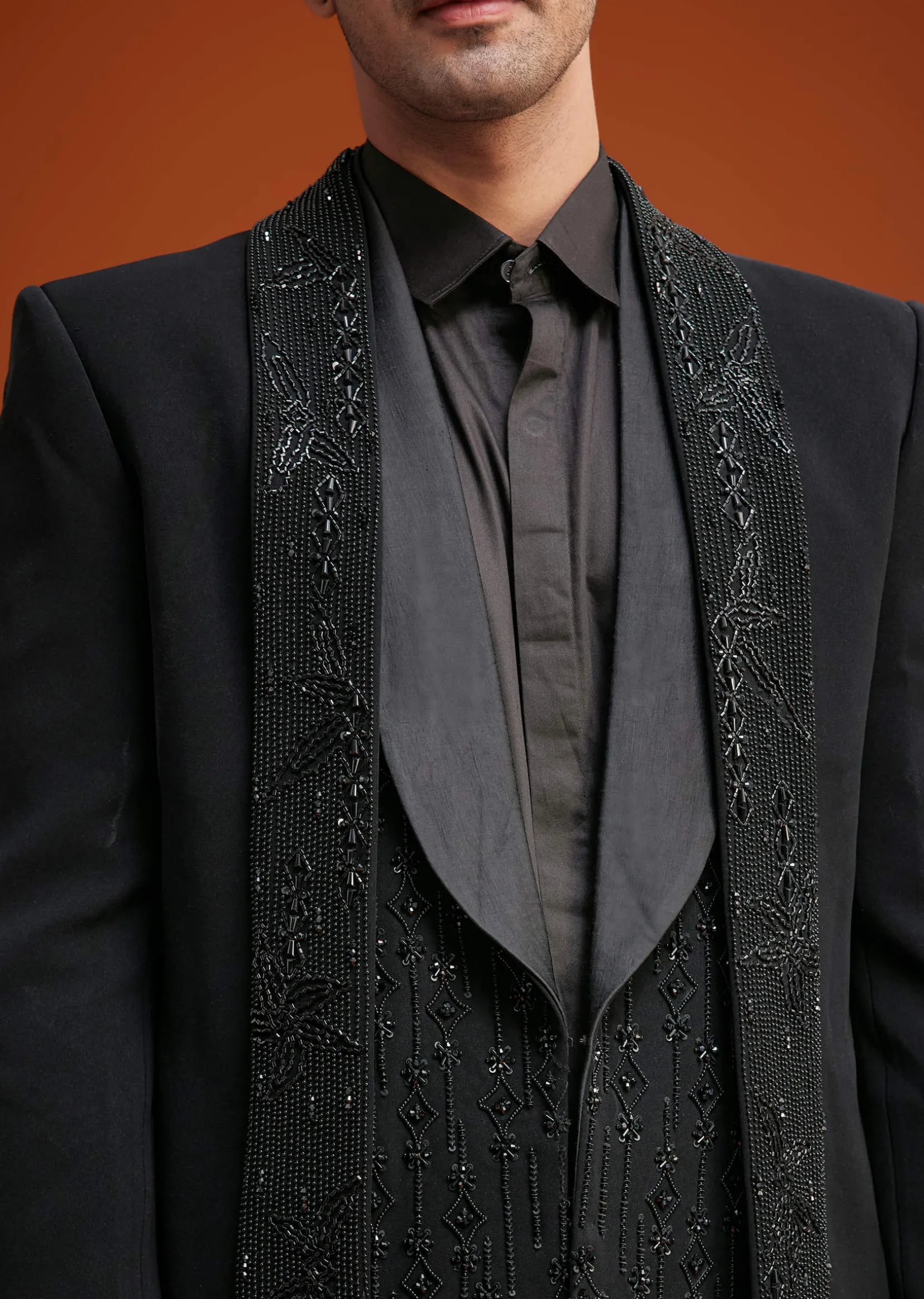 Black Long Open Jacket Set With Tonal Beaded Embroidery