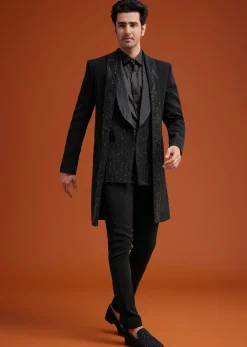 Black Long Open Jacket Set With Tonal Beaded Embroidery