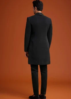 Black Long Open Jacket Set With Tonal Beaded Embroidery