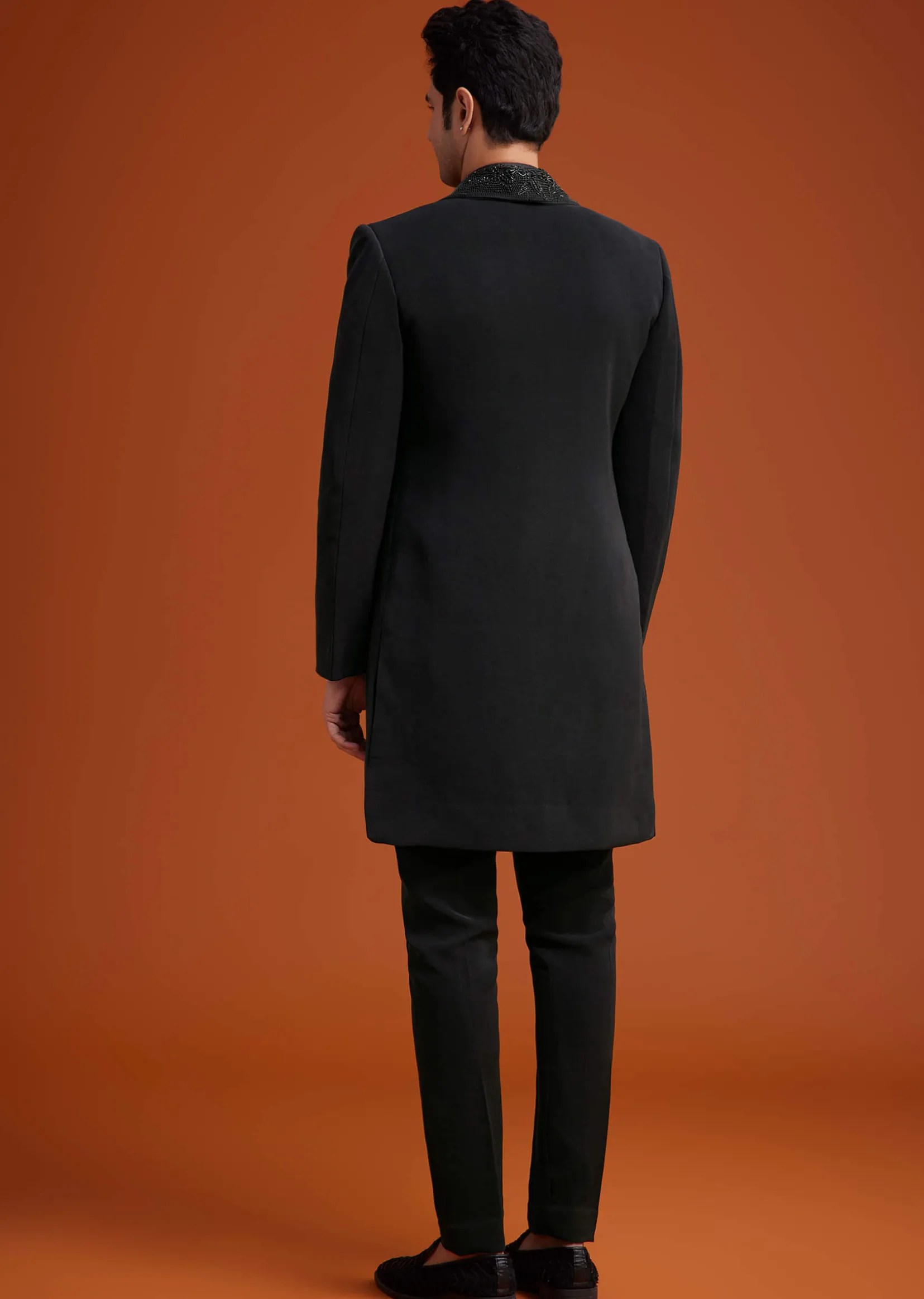 Black Long Open Jacket Set With Tonal Beaded Embroidery