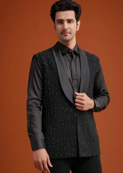 Black Long Open Jacket Set With Tonal Beaded Embroidery