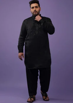 Black Lucknowi Embroidered Kurta In Mini Silk