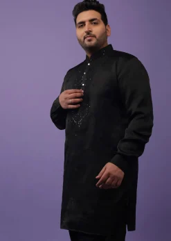 Black Lucknowi Embroidered Kurta In Mini Silk