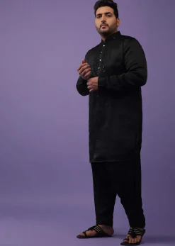 Black Lucknowi Embroidered Kurta In Mini Silk