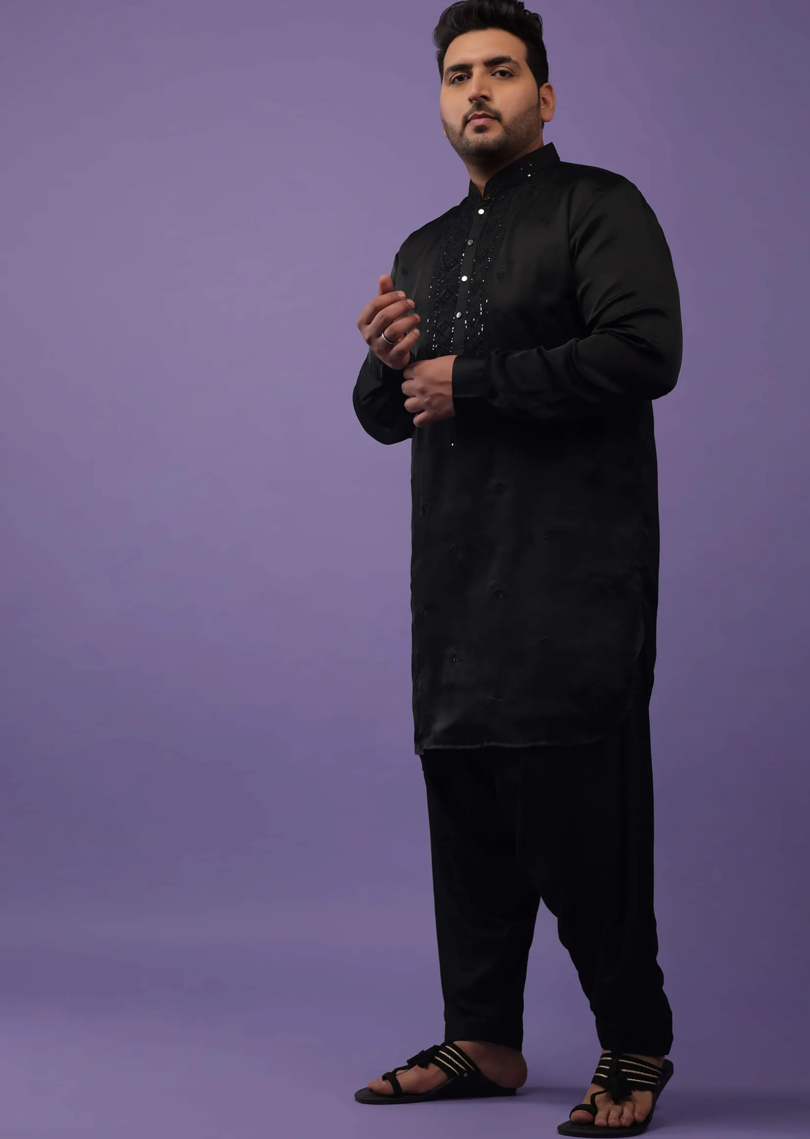 Black Lucknowi Embroidered Kurta In Mini Silk