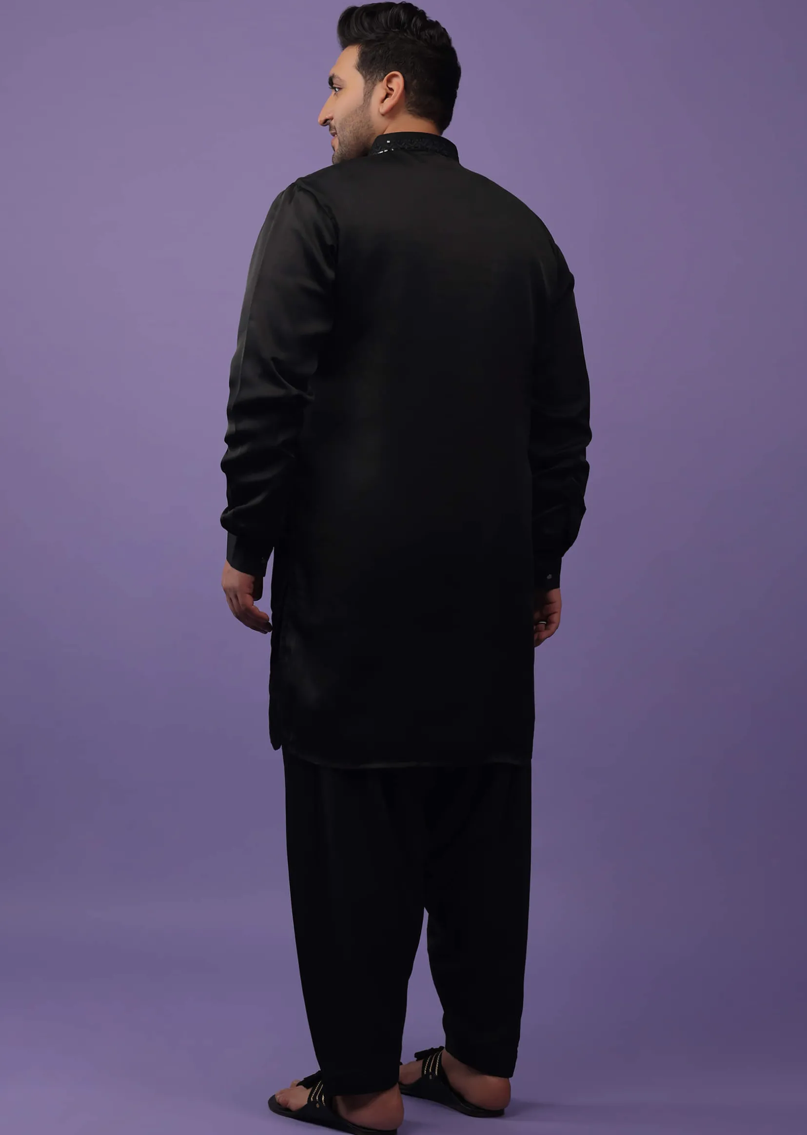 Black Lucknowi Embroidered Kurta In Mini Silk