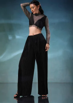 Black Mesh Blouse And Palazzo Set In Satin