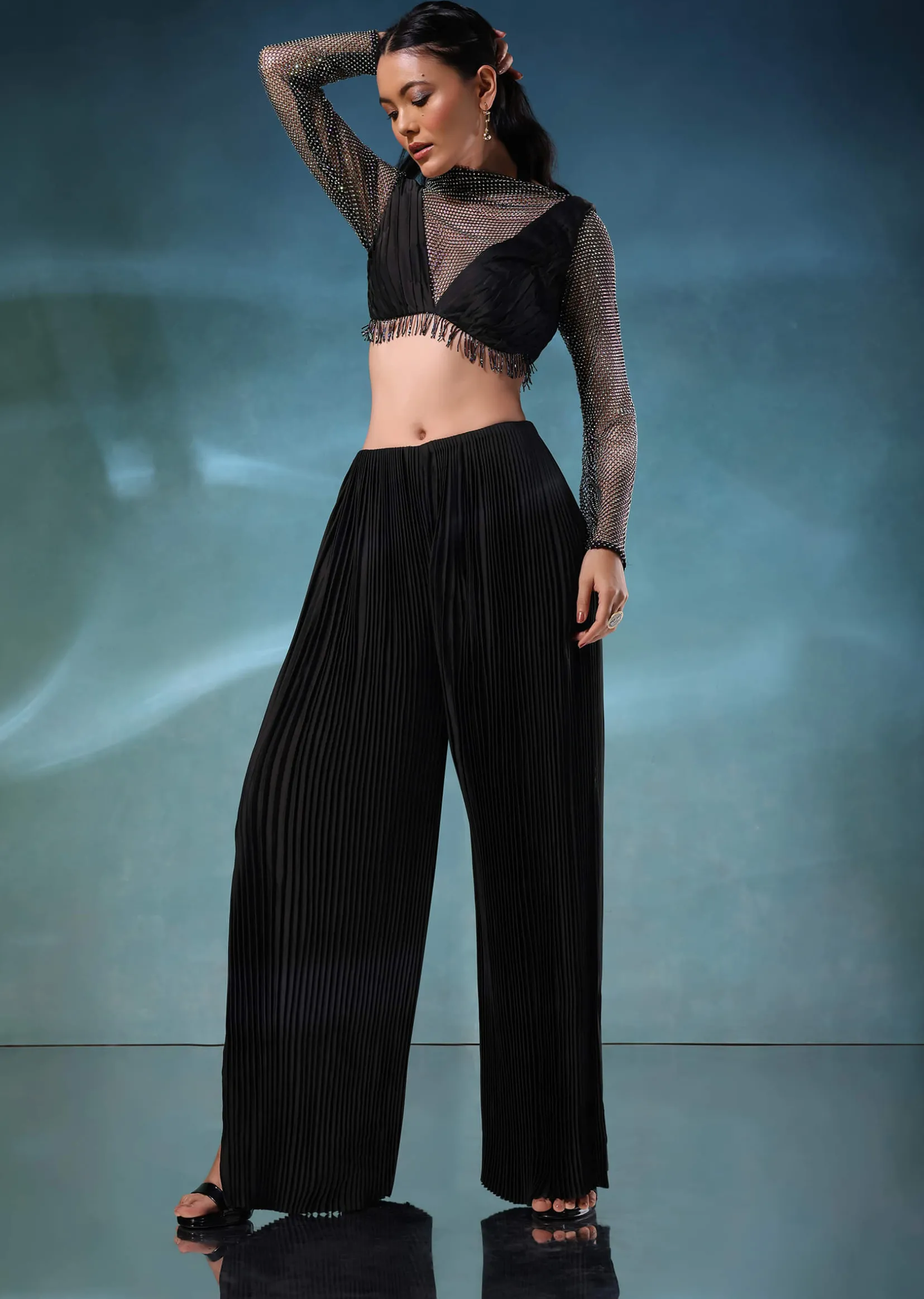 Black Mesh Blouse And Palazzo Set In Satin