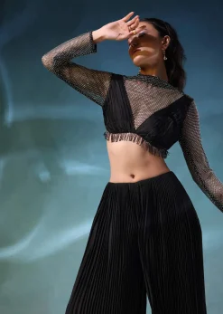 Black Mesh Blouse And Palazzo Set In Satin