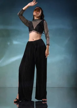 Black Mesh Blouse And Palazzo Set In Satin