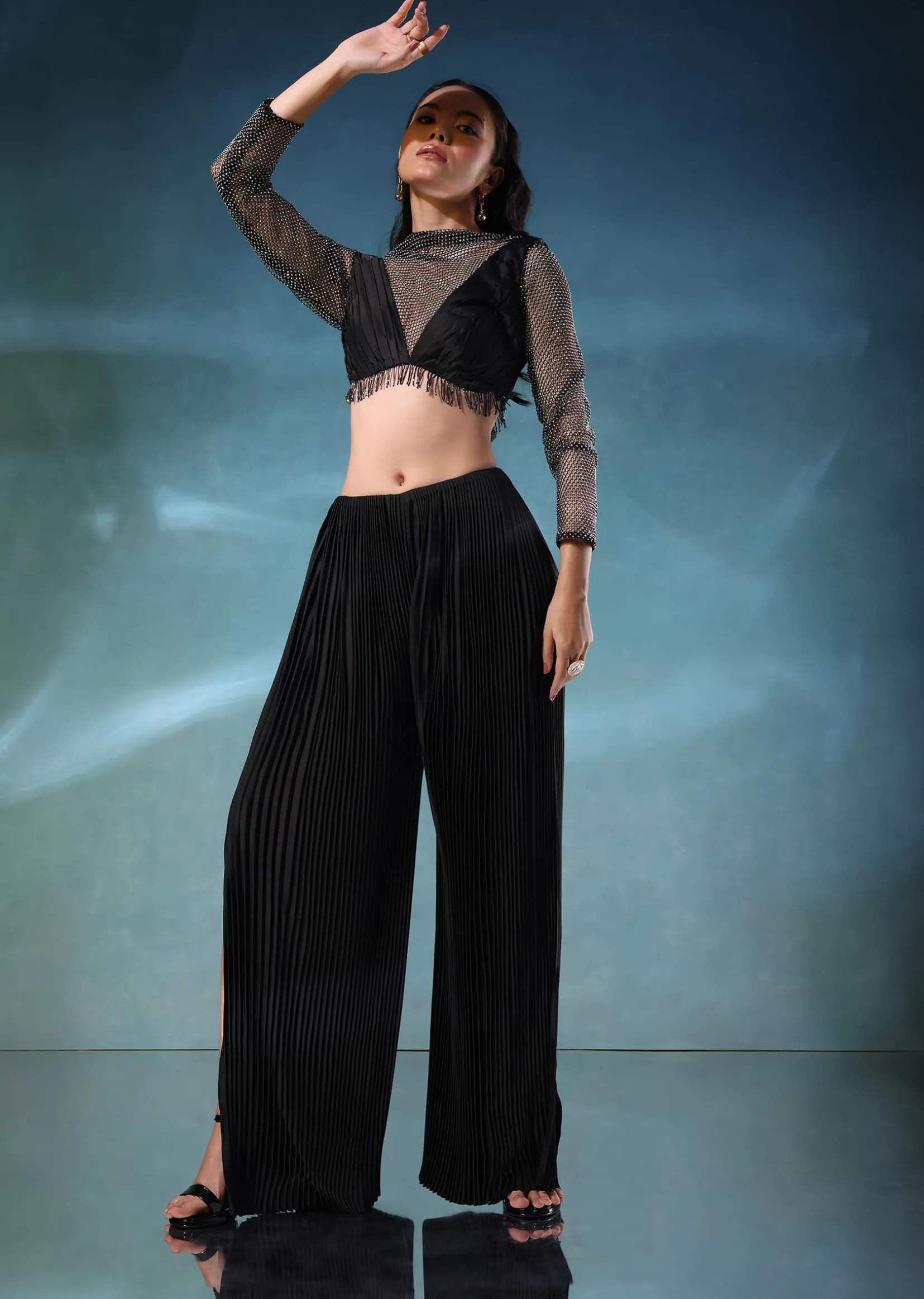 Black Mesh Blouse And Palazzo Set In Satin