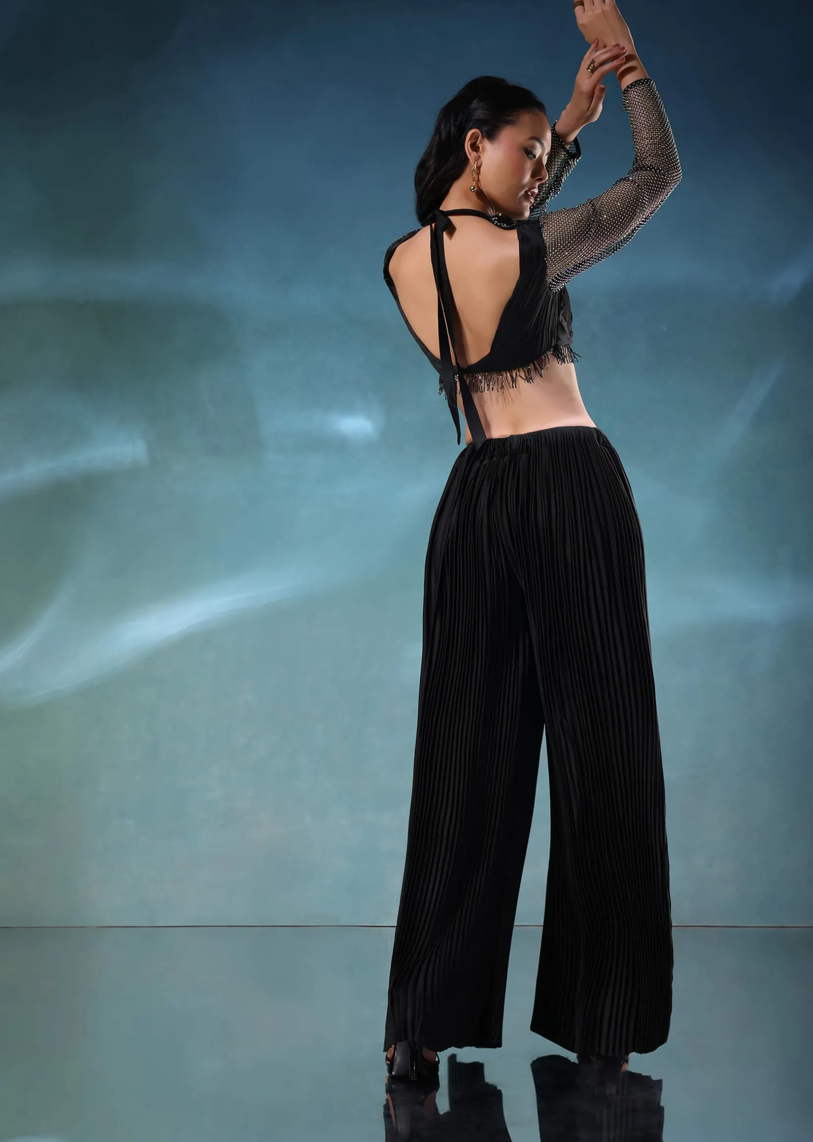 Black Mesh Blouse And Palazzo Set In Satin