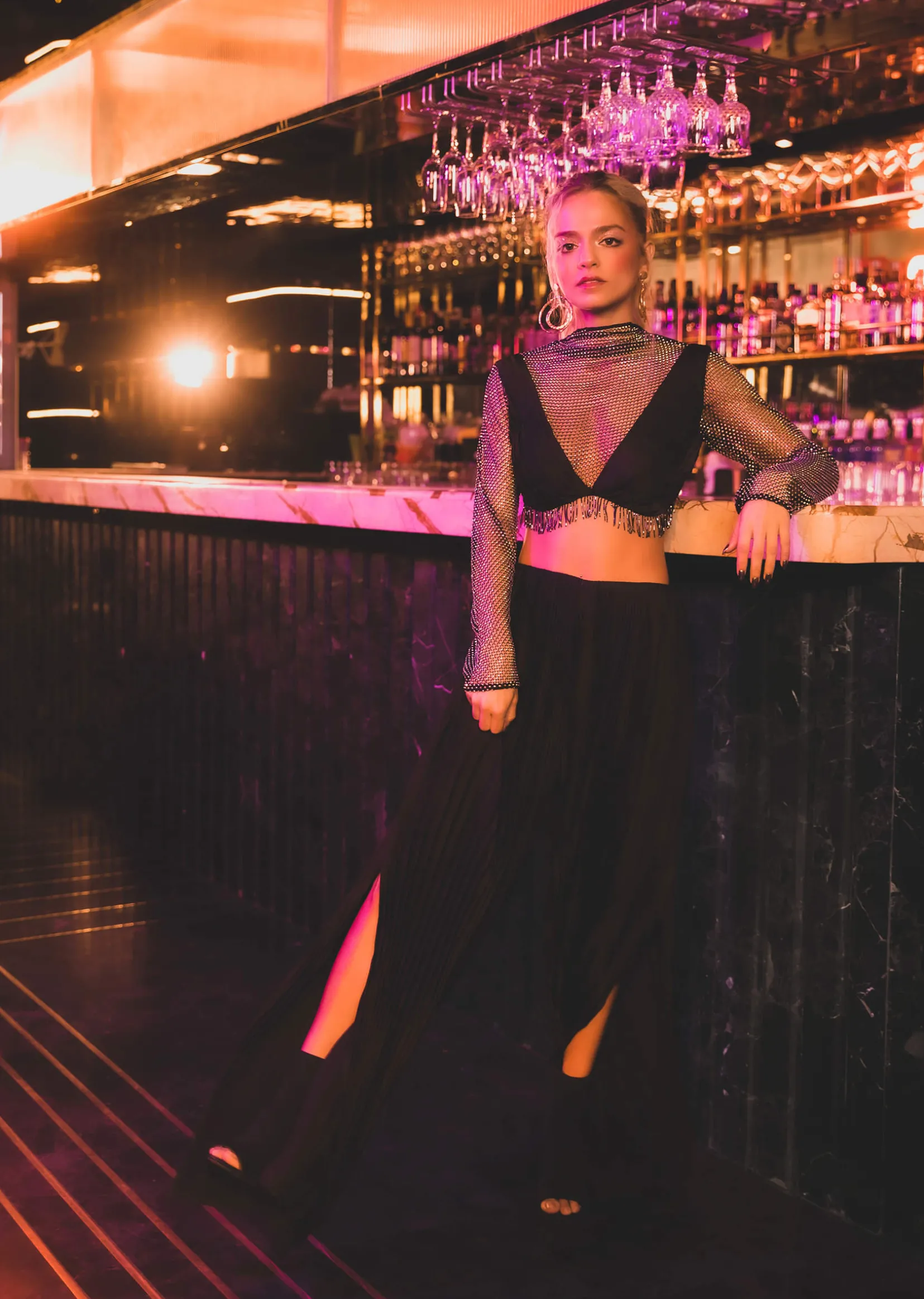 Black Mesh Blouse And Palazzo Set In Satin