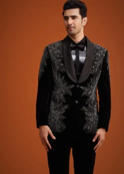 Black Micro Velvet Cutdana Embellished Tuxedo Set