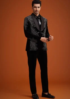 Black Micro Velvet Cutdana Embellished Tuxedo Set