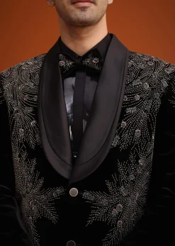 Black Micro Velvet Cutdana Embellished Tuxedo Set