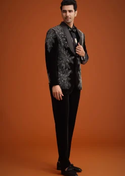 Black Micro Velvet Cutdana Embellished Tuxedo Set