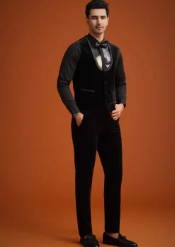 Black Micro Velvet Cutdana Embellished Tuxedo Set