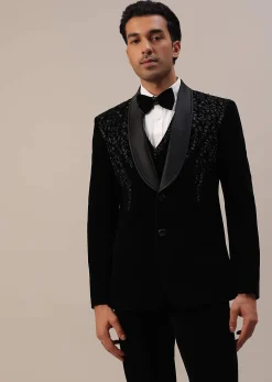 Black Micro Velvet Tuxedo Set With Cut Work Detailing
