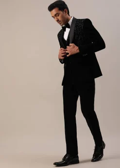 Black Micro Velvet Tuxedo Set With Cut Work Detailing