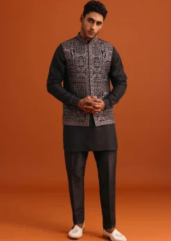 Black Mirror Embellished Jacket And Kurta Set