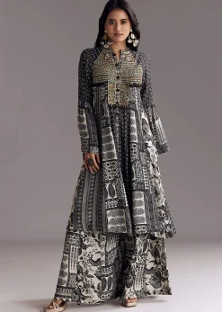 Black Mixed Print Muslin Palazzo Set With Resham Work